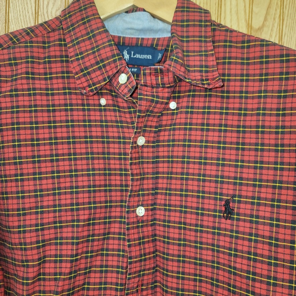 Ralph Lauren Mens Custom Fit Plaid Button Down Shirt Red Black Yellow Classic L